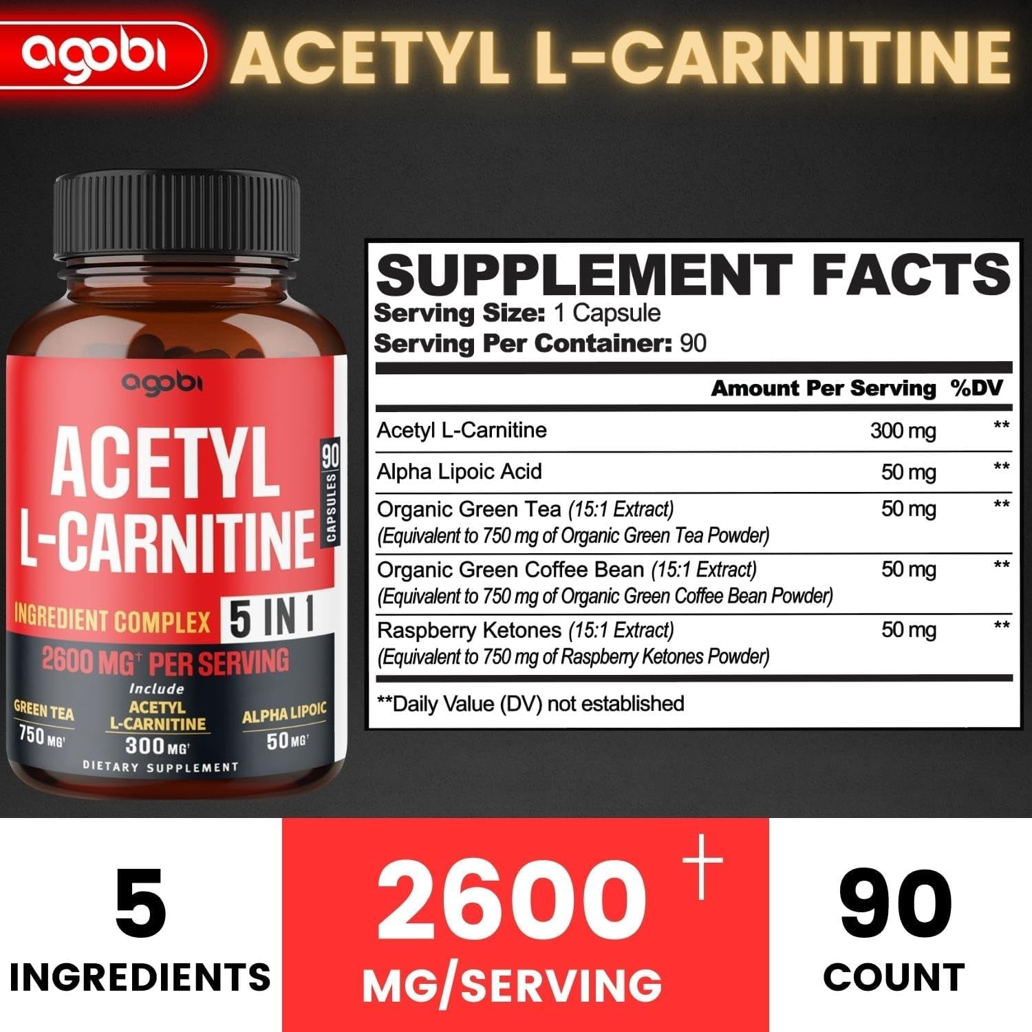 Acetyl L-Carnitine Supplement - 2600Mg 3 Months - Blended with Alpha Lipoic Acid, Green Tea, Green Coffee Bean & Raspberry Ketones - Memory & Brain Health Support, Non-Gmo - 90 Vegan Capsules