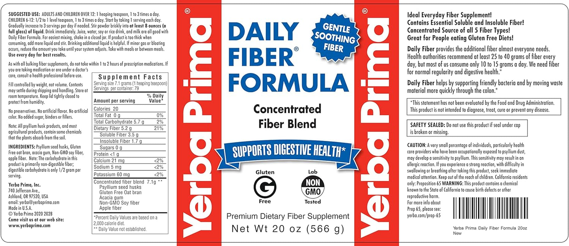 Yerba Prima Daily Fiber Formula - 20 Oz Powder (Pack of 2) - Unflavored, Concentrated Blend of Soluble/Insoluble, Psyllium Seed Husks, Acacia Gum, Apple Fiber Supplement - Regularity Colon Cleanser