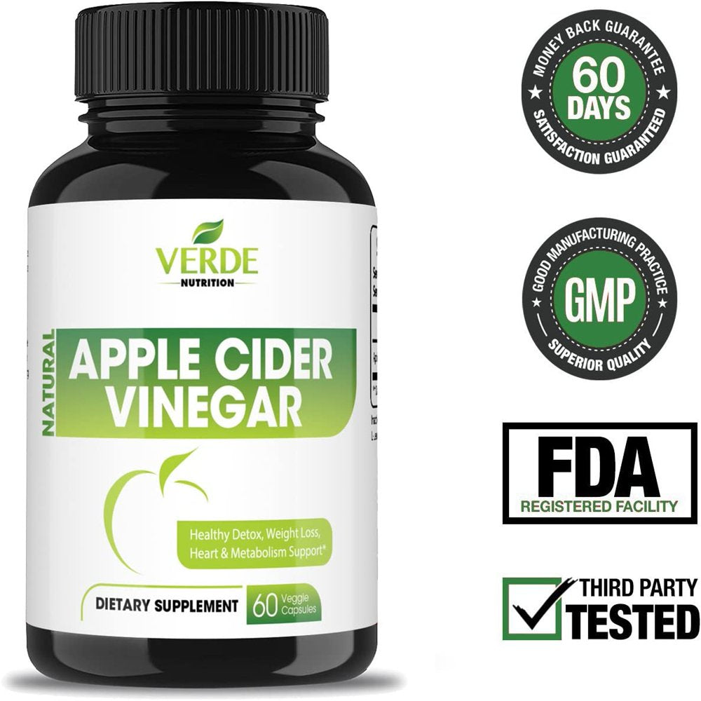 Verde Nutrition Apple Cider Vinegar Capsules 60 Potent 500Mg Colon Cleanser| Non-Gmo, Tasteless Appetite Suppressant | Natural Detox Cleanse for Weight Loss Pills, Digestive, Immune & Energy Boosting