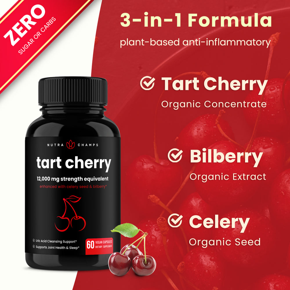 Nutrachamps Organic Tart Cherry Extract Capsules | Tart Cherry Supplement with Bilberry Fruit & Celery Seed | 1200Mg Premium Uric Acid Cleanse for Joint Support & Muscle Recovery | 60 Vegan Capsules