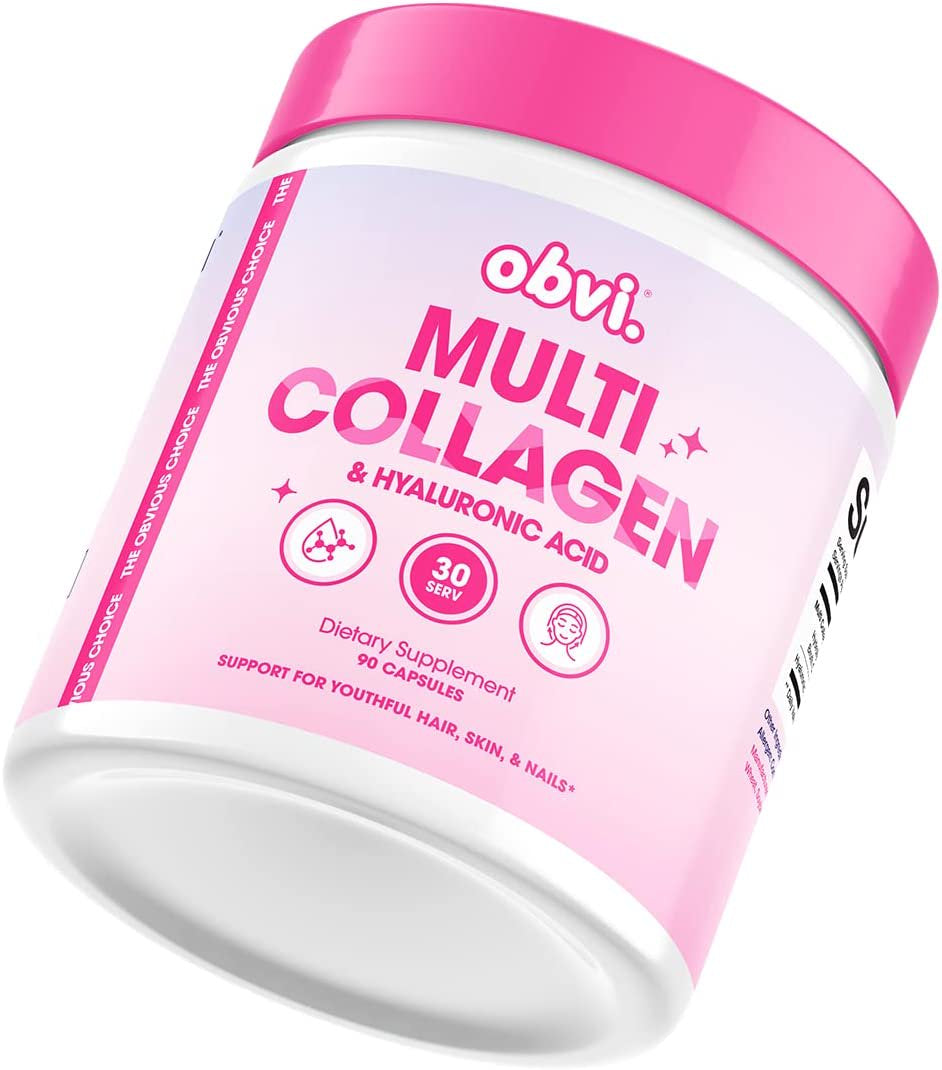 Obvi Collagen Pills, Multi Collagen and Hyaluronic Acid Supplement, Collagen Capsules for Women, Glowing Skin, Joint, Hair and Skin Support (30 Servings)