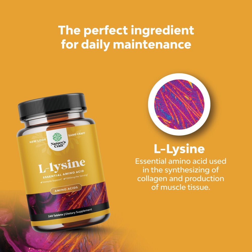 L Lysine 1000Mg per Serving Nutritional Supplements - Essential Amino Acids Supplement for Eye Health Lip Care Bone Support Immune System Support Muscle Growth and Vegetarian Collagen Production