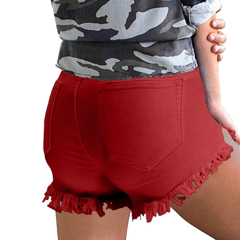 Women'S Stretchy Denim High-Waist Shorts Frayed Ripped Shorts with Pockets Pants Shorts Jeans Yoga Pants Women