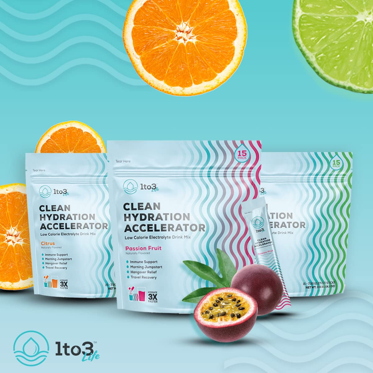 1TO3 LIFE | Clean Hydration Accelerator | Low Sugar, Low Calorie, Immune Support | Hydration Multiplier | Electrolyte Drink Mix | Vegan & Non-Gmo | 15 Sticks (Passion Fruit)