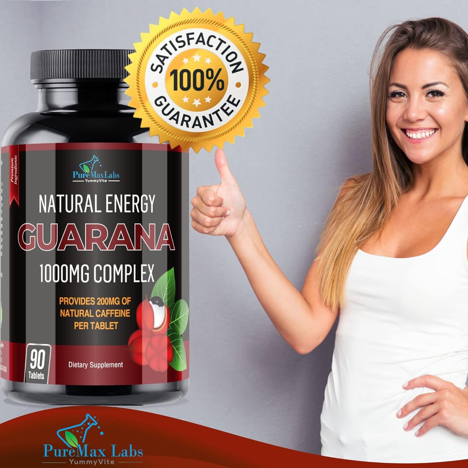 Natural Energy Guarana 1000MG - Provides 200MG of Herbal Caffeine (2 Cups Coffee), Antioxidants, Boost Mental Focus, Natural Caffeine Tablets, 90 Tablets