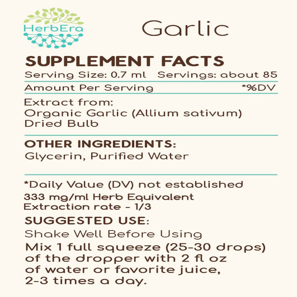 Garlic Alcohol-Free Herbal Extract Tincture, Super-Concentrated Organic Garlic (Allium Sativum) Dried Bulb 2 Oz