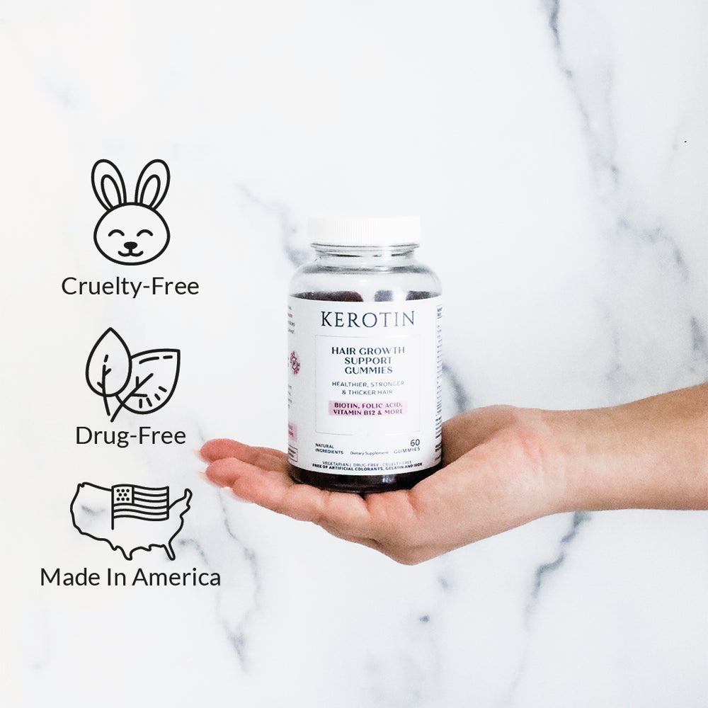 Kerotin Hair Growth Gummies - Vegetarian, Natural and 100% Made in the US - for Thinning Hair and Faster Growth - Berry Flavored, Contains Biotin and Essential Vitamins