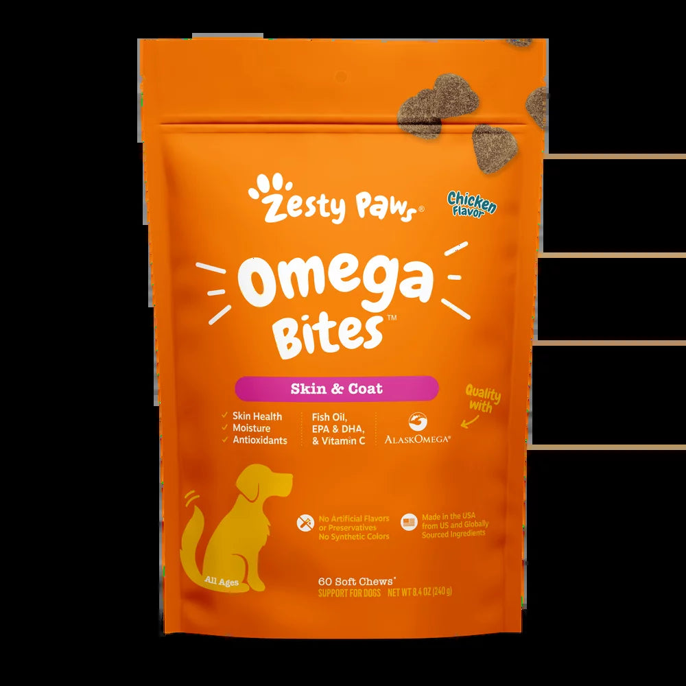 Zesty Paws Skin & Coat Omega Bites for Dogs, with Alaskan Omega Fish Oil for EPA & DHA, Chicken Flavor, 60 Count Soft Chews