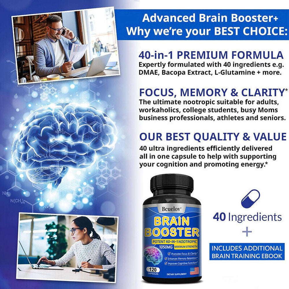 Brain Supplements & Nootropics - Memory Focus Mental Concentration Booster - 120 Capsules