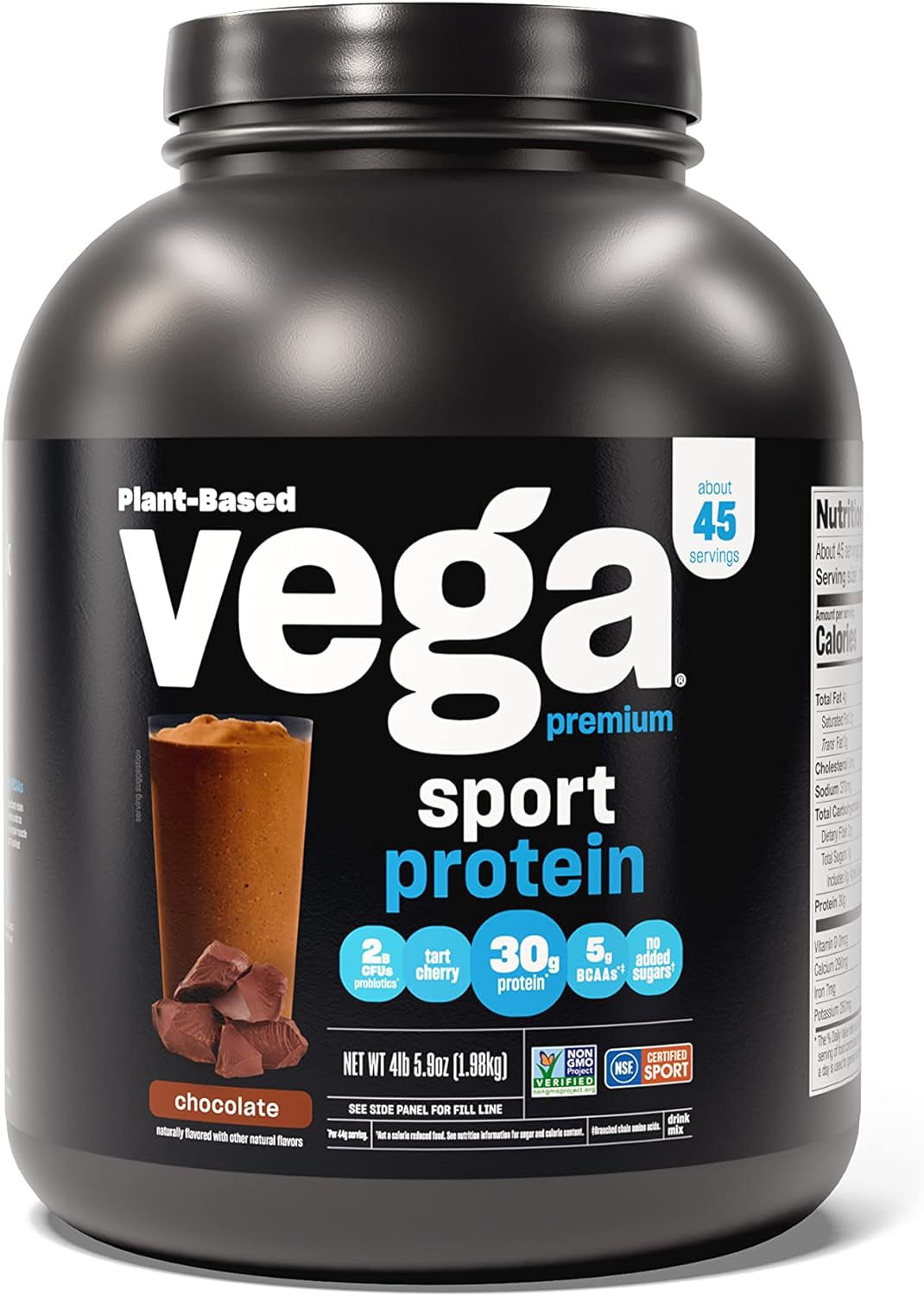 Vega Sport Premium Protein Powder, Chocolate, Vegan, 30G Plant Based, 5G Bcaas, Low Carb, Keto, Dairy Free, Gluten Free, Non GMO, Pea Protein for Women and Men, 4.36 Pounds (45 Servings) (Pack of 6)