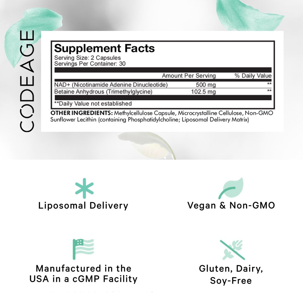 Codeage Liposomal NAD+ Supplement, Betaine Anhydrous, Nicotinamide Adenine Dinucleotide Pills, 60 Ct