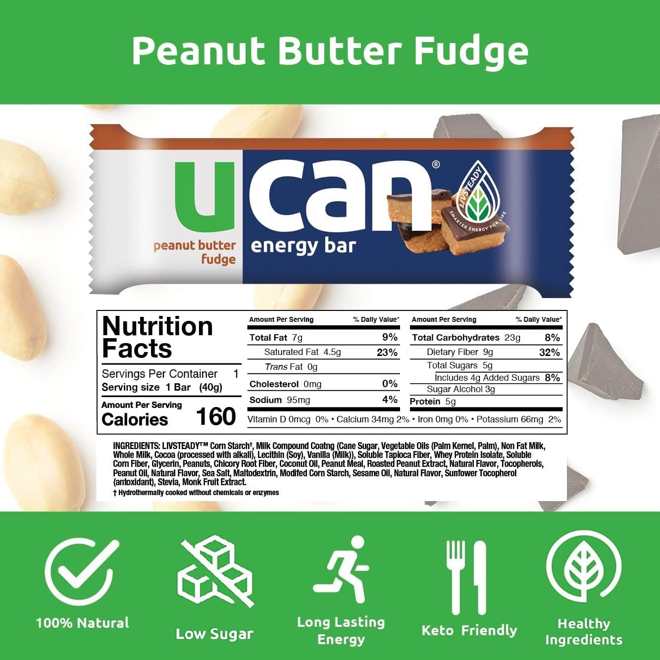 UCAN Energy Snack Bars, Peanut Butter Fudge, All Natural, Low Sugar, Non-Gmo, Gluten-Free, Keto-Friendly (12 Pack, 1.4 Ounces)