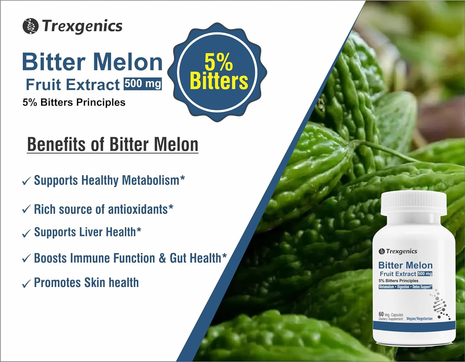 Trexgenics® Bitter Melon (Karela) (5% Bitters) 500Mg Vegan & Gluten Free Premium (60 Vcaps) (Pack of 1)