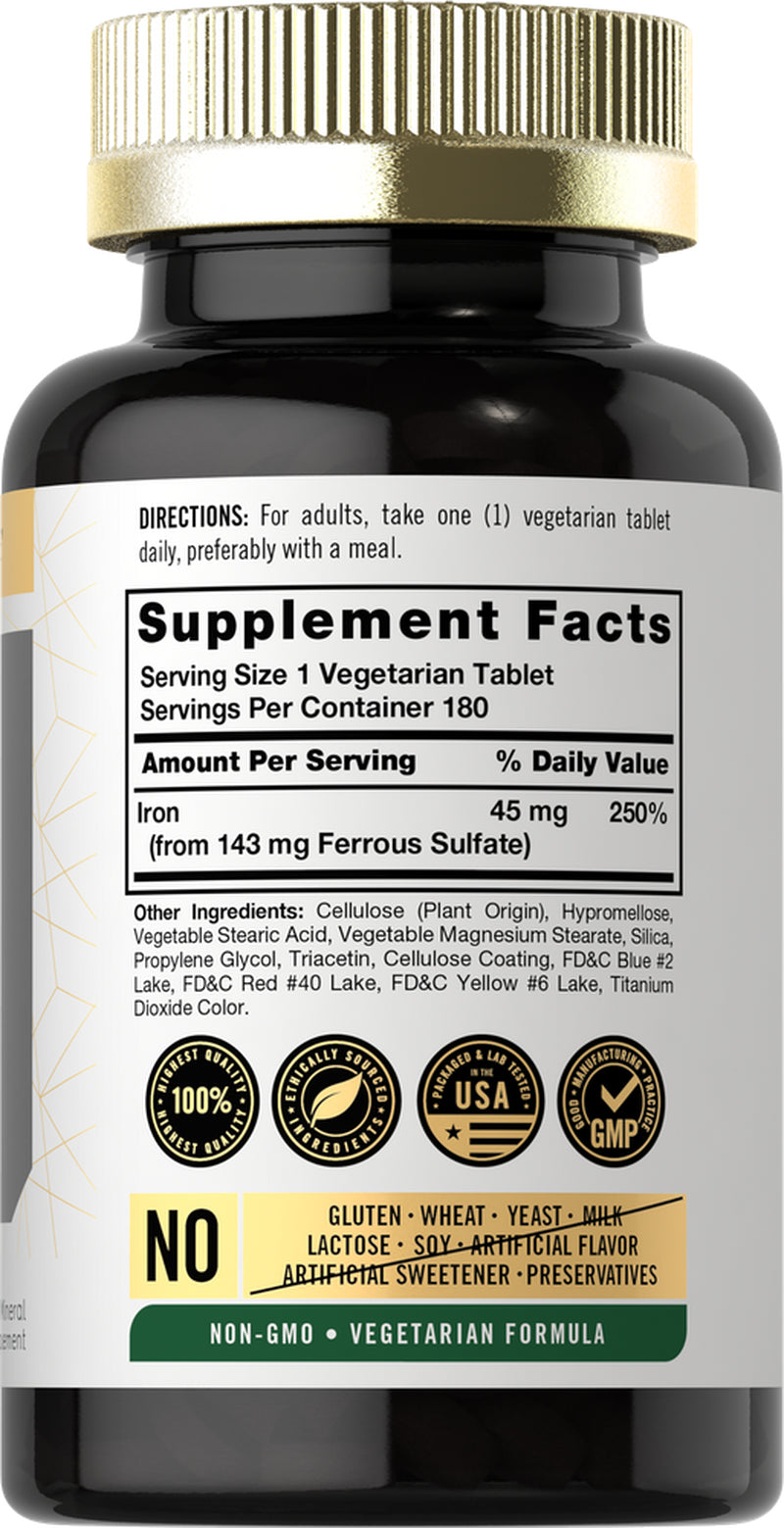 Slow Release Iron 45 Mg | 180 Tablets | Vegetarian Formula | Ferrous Sulfate | by Carlyle