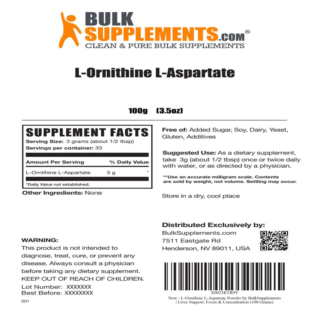 Bulksupplements.Com L-Ornithine L-Aspartate Powder - Liver Support - Amino Acids for the Brain - Urea Powder - Amino Acids Supplement (100 Grams - 3.5 Oz)