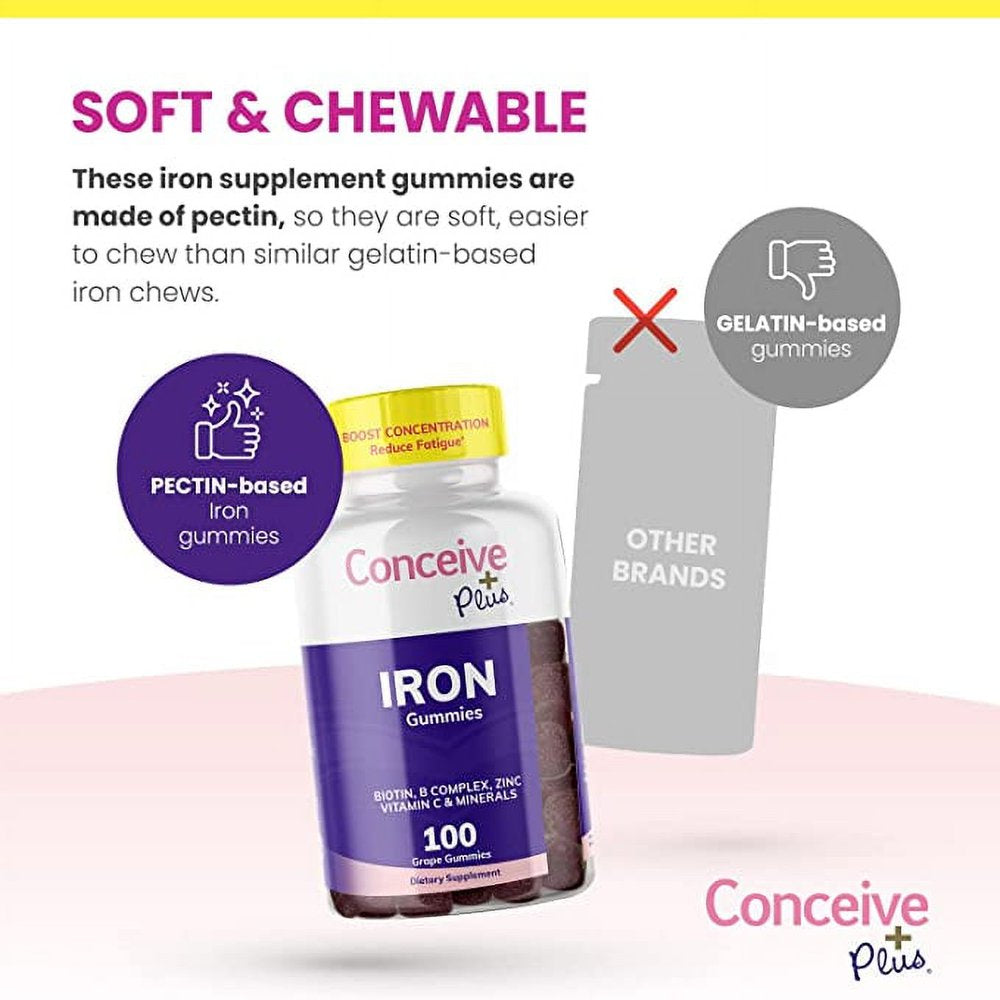 CONCEIVE plus Iron Gummies - Iron Vitamins for Women, Chewable, Biotin & Vitamin C, Grape Flavor Gummy - No after Taste, 100 Count