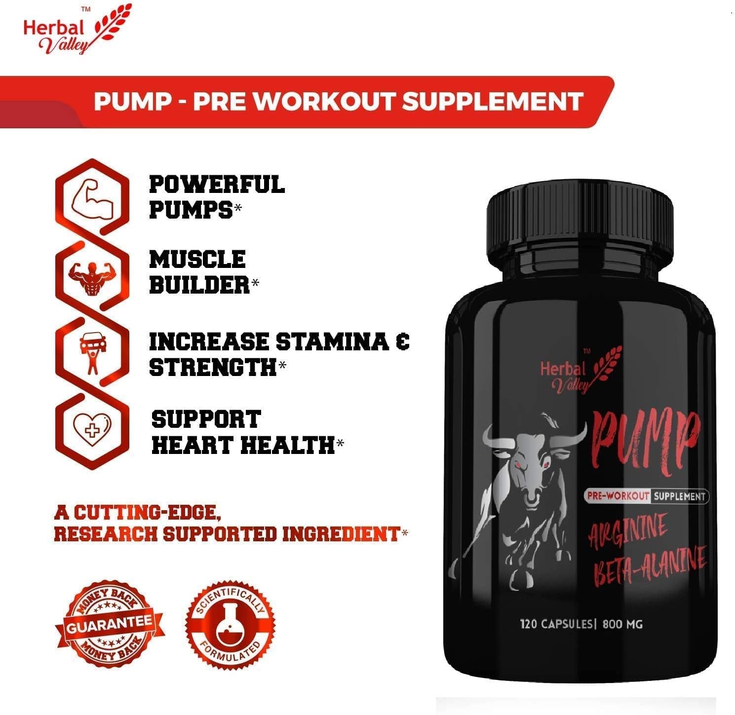 BETT Herbalvalley Pump Pre-Workout | Gym Supplement to Boost Your Energy & Performance | 120 Capsules