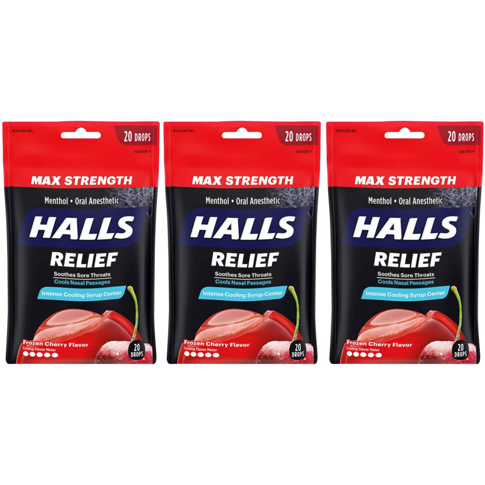 Halls Relief Max Strength Extra Strong Menthol Throat Drops, Frozen Cherry Flavor, 3 Packs of 20 Drops (60 Total Drops)