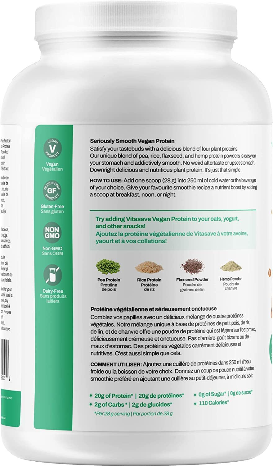 Vitasave Vegan Protein Powder (Highest Number of Servings)-Natural Chocolate Flavor, 20G Plant Based Protein, 26 Servings, 750G Tub, Soy Free, Gluten Free, Dairy Free and Sugar Free