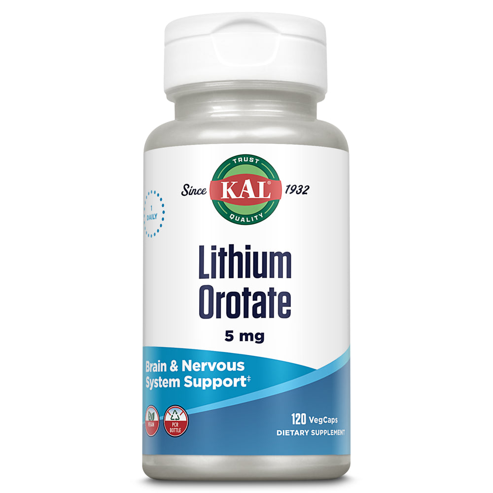 KAL Lithium Orotate 5Mg | Low Serving of Chelated Lithium Orotate for Bioavailability & Mood Support | in Organic Rice Bran Extract Base | 120 Vegcaps