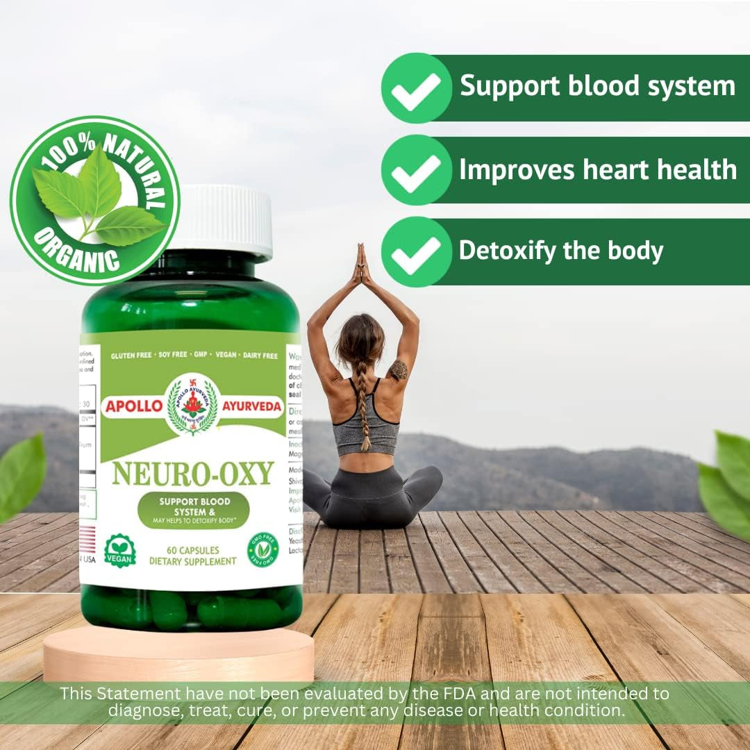 Apollo Ayurveda Neuro Oxy Support Heart Health Blood System Equivalent 5000 Mg Neem and Turmeric (Haldi) Ayurvedic Vegan 60 Capsules