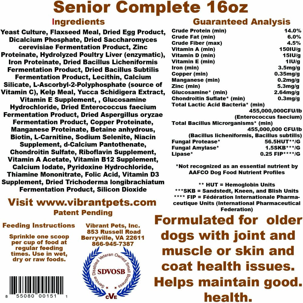 Vibrant Pets Senior Complete Dog Immune System Supplement | Older Dog Muscle and Joint Supplement with Probiotics & Enzymes for Digestion | Nutrient-Rich Skin & Coat Immune Booster Powder 16Oz