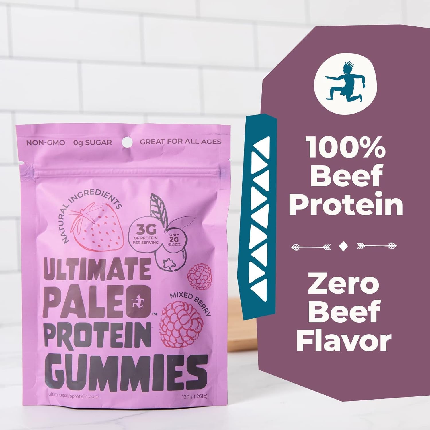 Ultimate Paleo Protein Gummies | Mixed Berry Flavored Gummy Chews | Complete Protein, Zero Added Sugar, Great Source of Prebiotics and Fiber, No Dairy, No Gluten, Non-Gmo, Keto Friendly | 4 Servings