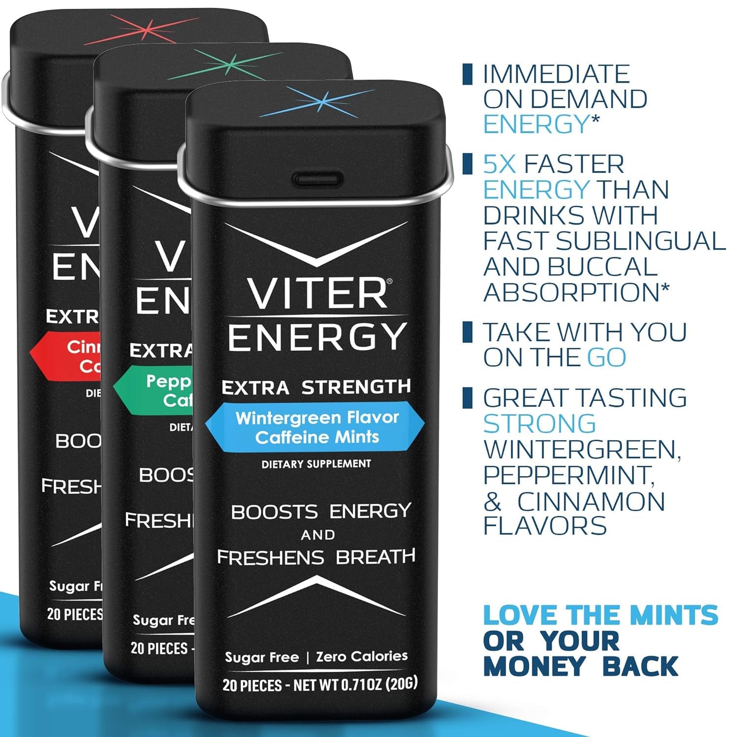 Viter Energy Extra Strength 3 Flavor 80Mg Caffeine Mints Variety and Original Caffeine Mints Variety Sampler Bundle - Caffeine, B Vitamins, Sugar Free, Vegan, Powerful Energy Booster for Alertness