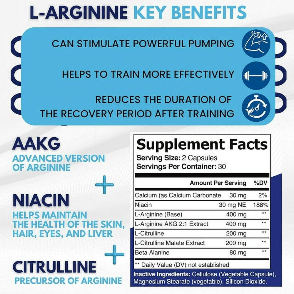 Healblend L Arginine plus Capsules - Blood Circulation Supplements with L-Citrulline, Calcium, Niacin & Beta Alanine for Natural Energy, Increase Blood Flow - 60 Capsules