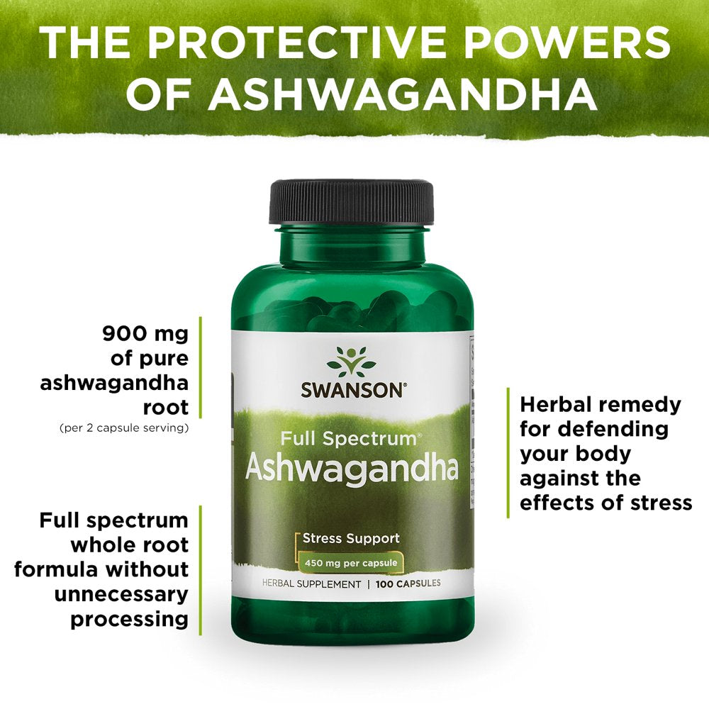 Swanson Ashwagandha Powder Supplement - Ashwagandha Root & Aerial Parts Supplement Promoting Stress Relief & Energy Support - Ayurvedic Supplement for Natural Wellness - (100 Capsules, 450Mg Each)