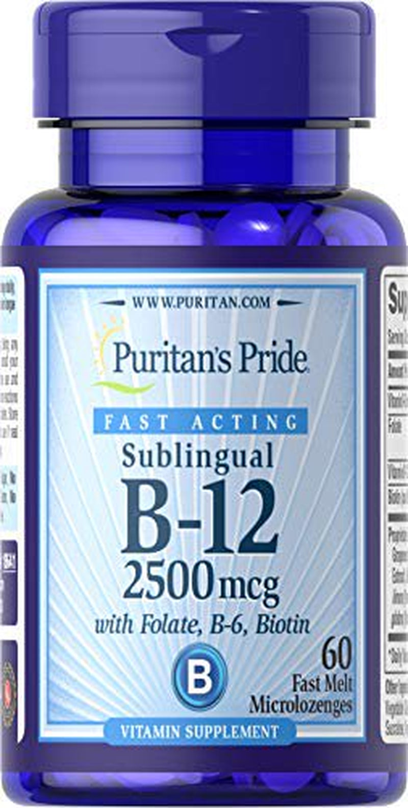 Puritan'S Pride Vitamin B-12 2500 Mcg Sublingual with Folic Acid, Vitamin B-6 and Biotin-60 Microlozenges