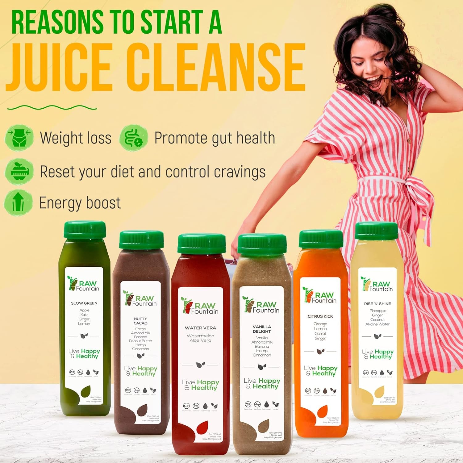 7 Day Protein Juice Cleanse by Raw Fountain, All Natural Raw Detox Cleanse, Cold Pressed Fruits, Vegetables, Vanilla and Chocolate Flavor, Tasty and Energizing, 42 Bottles 12Oz, 3 Ginger Shots