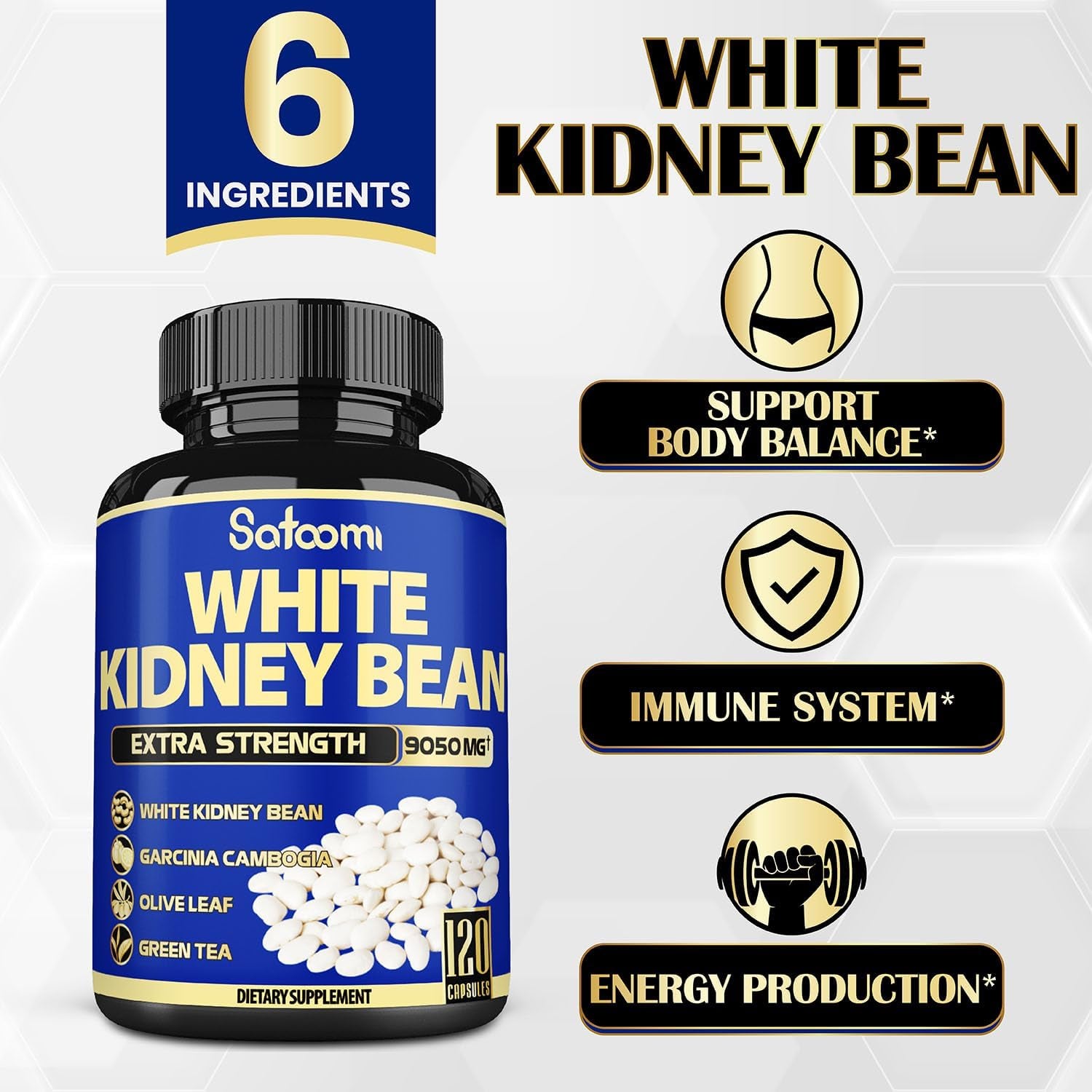 6In1 White Kidney Bean Extract Capsules 9050 Mg - with Garcinia Cambogia, Olive Leaf, Green Coffee Bean & More - Energy, Immune Support & Body Form Management for Women & Men - 120 Count