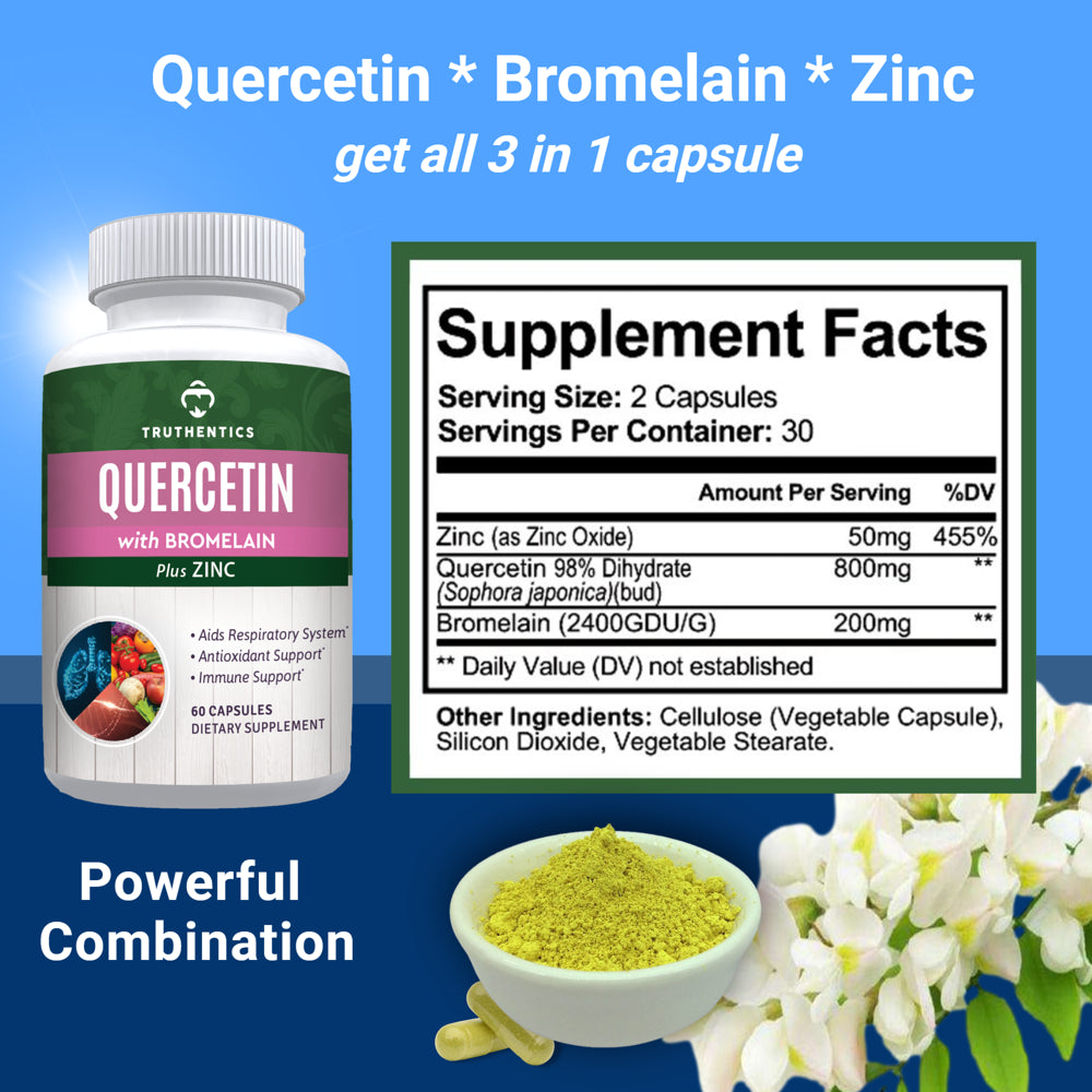 Truthentics Quercetin 800 Mg with Bromelain & Zinc plus Omega-3 Fish Oil Bundle - Immune & Respiratory Health - 60 Count Each