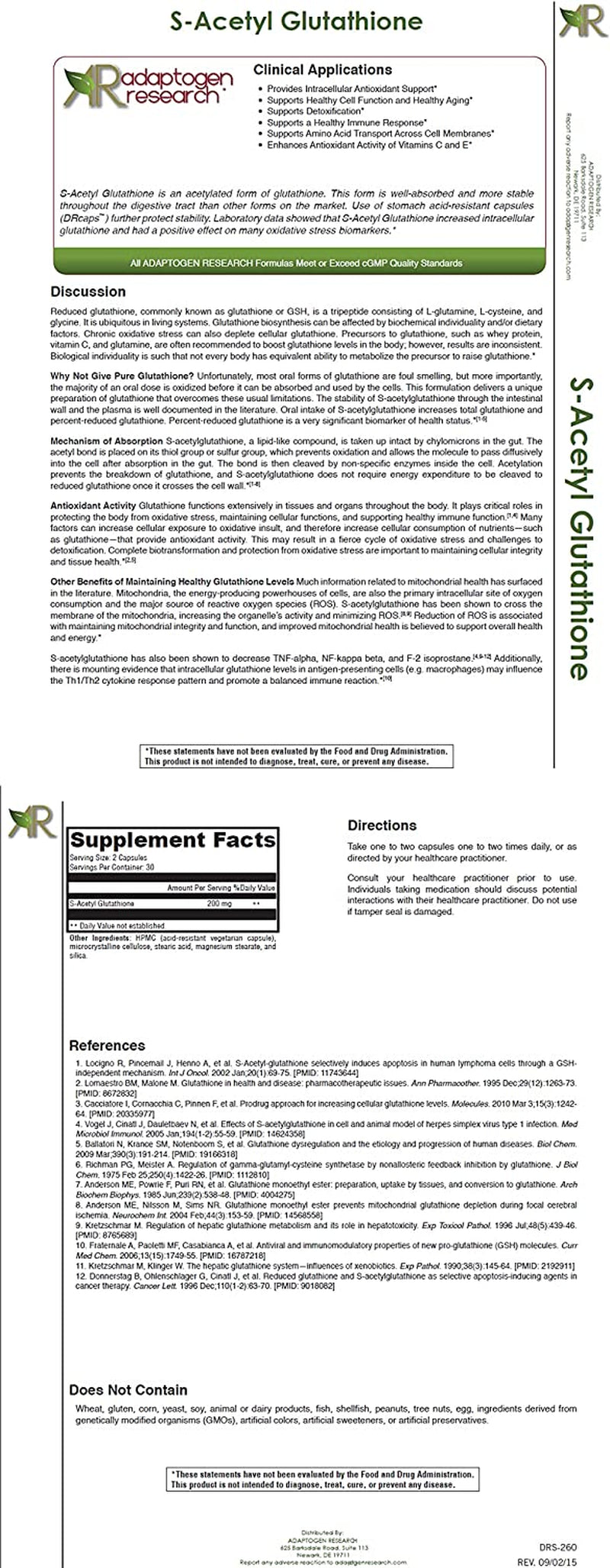 Adaptogen Research S-Acetyl Glutathione - 200Mg | 60 Acid Resistant Vegetarian Capsules