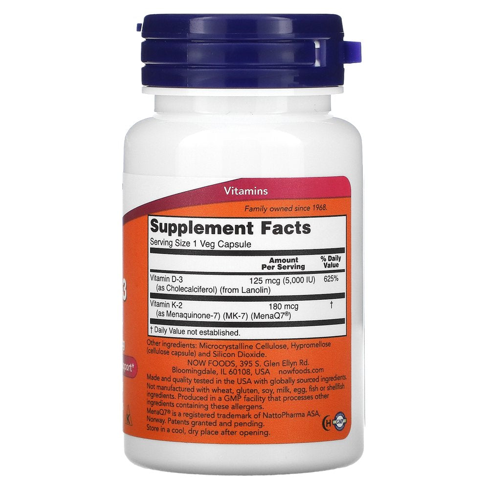 NOW Supplements, Mega D-3 & MK-7 with Vitamins D-3 & K-2, 5,000 IU/180 Mcg, Bone & Cardiovascular Support, 60 Veg Capsules