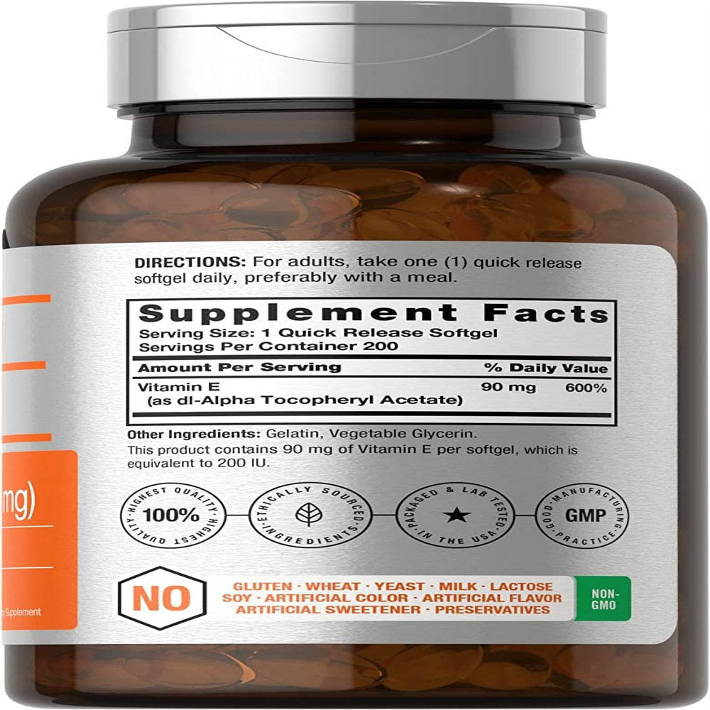 Vitamin E Supplement | 200 IU (90 Mg) | 200 Softgel | by Horbaach