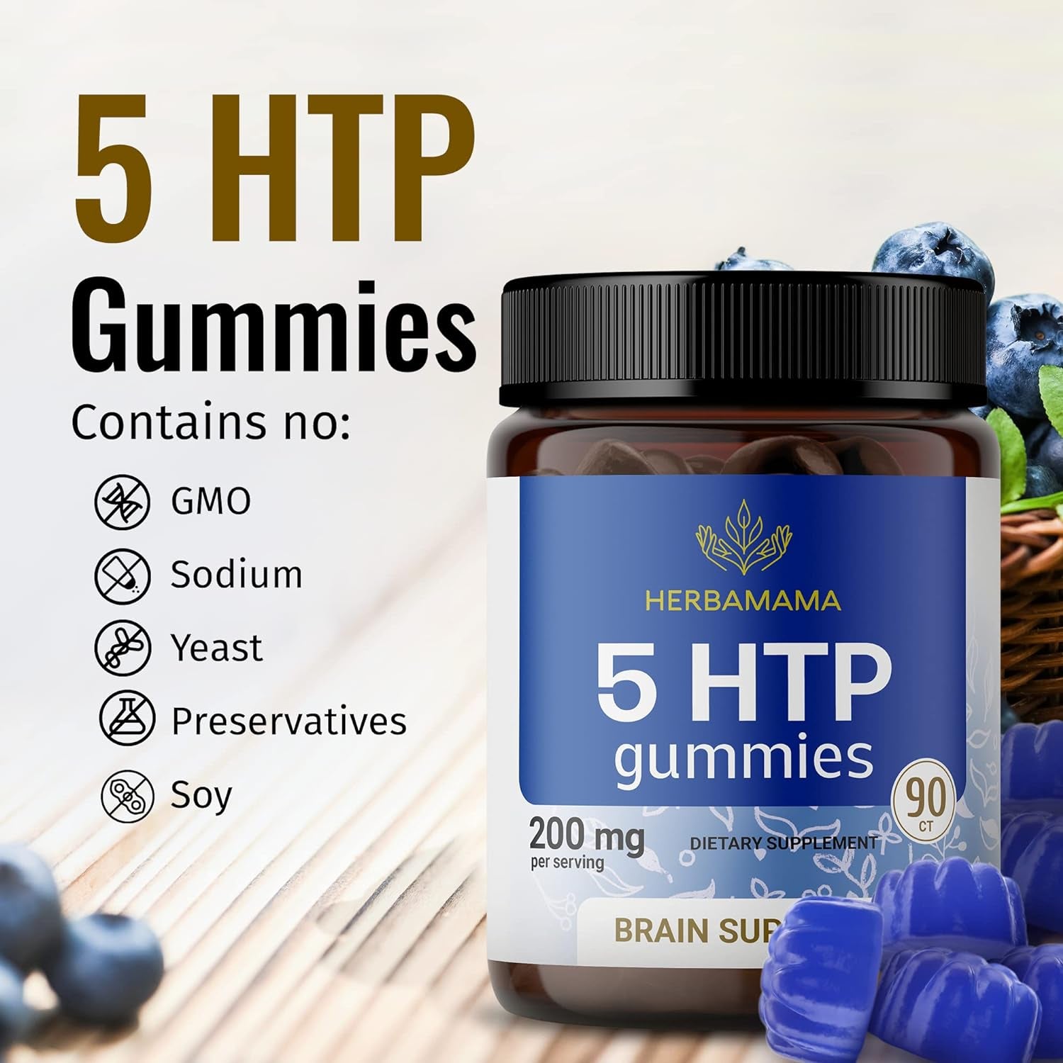 HERBAMAMA 5 HTP Gummies - Calm and Relaxation Support - Melatonin Mood Support and Serotonin Booster - Made with Calcium, 90 Vegan Blueberry Flavor Chews - 5-HTP 200Mg