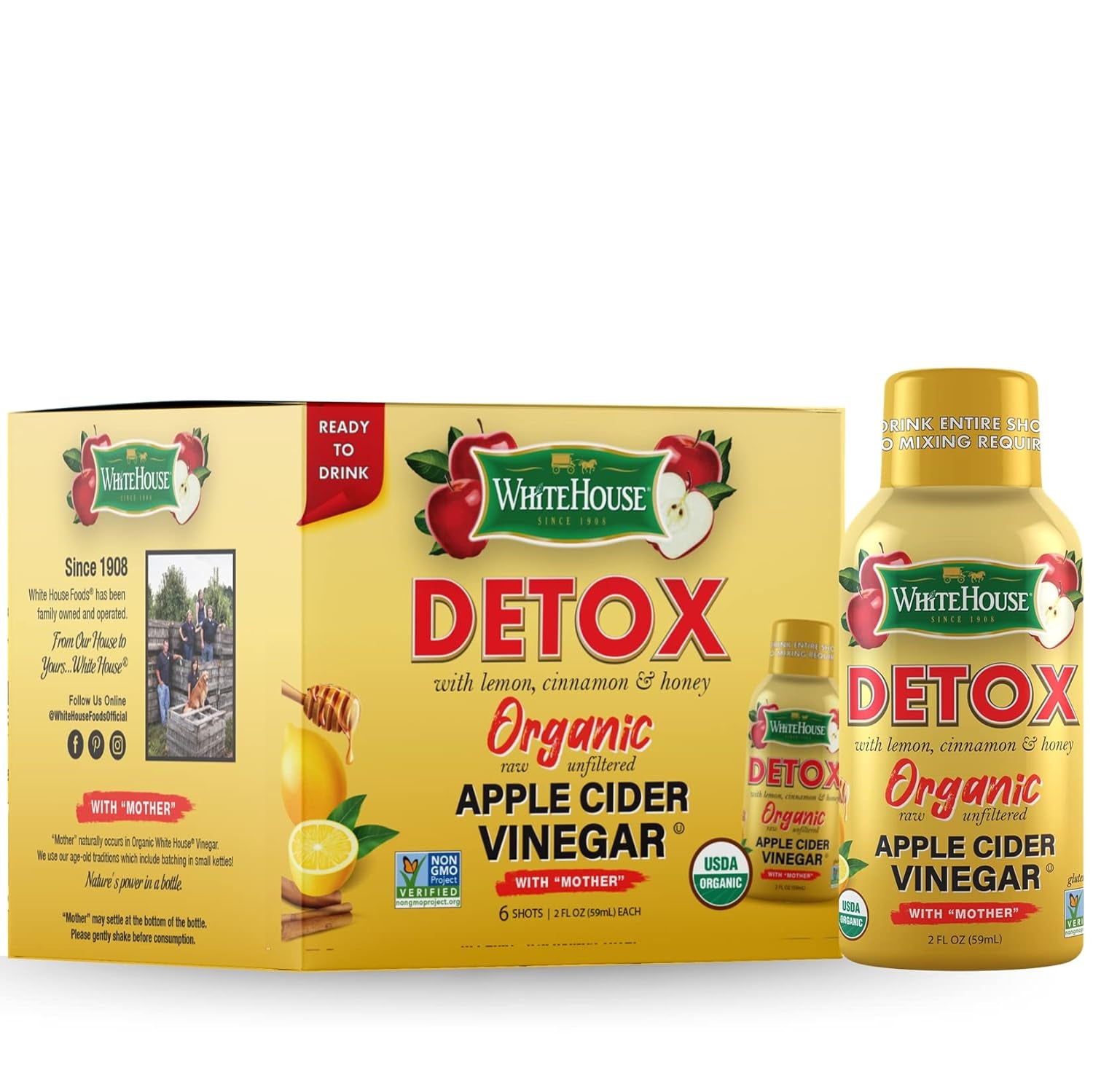 White House Detox Apple Cider Vinegar Shots, Raw Unfiltered, on the Go (Detox, Pack of 6)