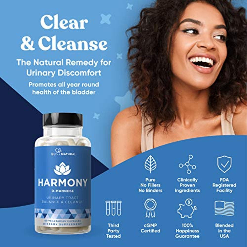 Urinary Harmony D-Mannose Supplement – Urinary Tract Health for Women – Potent Clinical-Strength Formula with D-Mannose and Hibiscus Cleanses and Flushes the Urinary System – 60 Fast-Acting Capsules