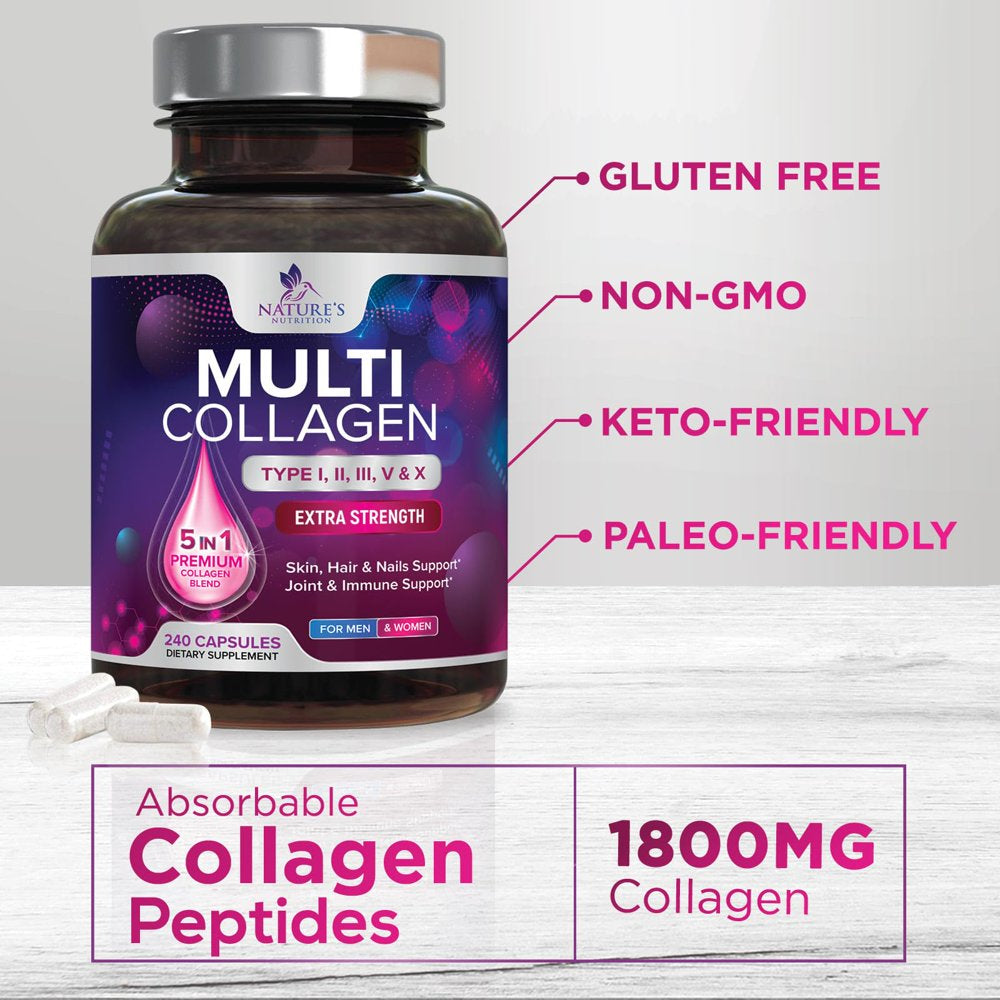 Multi Collagen Complex Pills - Type I, II, III, V, X, Grass Fed & Non-Gmo Hydrolyzed Collagen Peptides Supplement - Supports Hair, Nails, Skin & Joint Health, Gluten-Free, Paleo & Keto - 240 Capsules