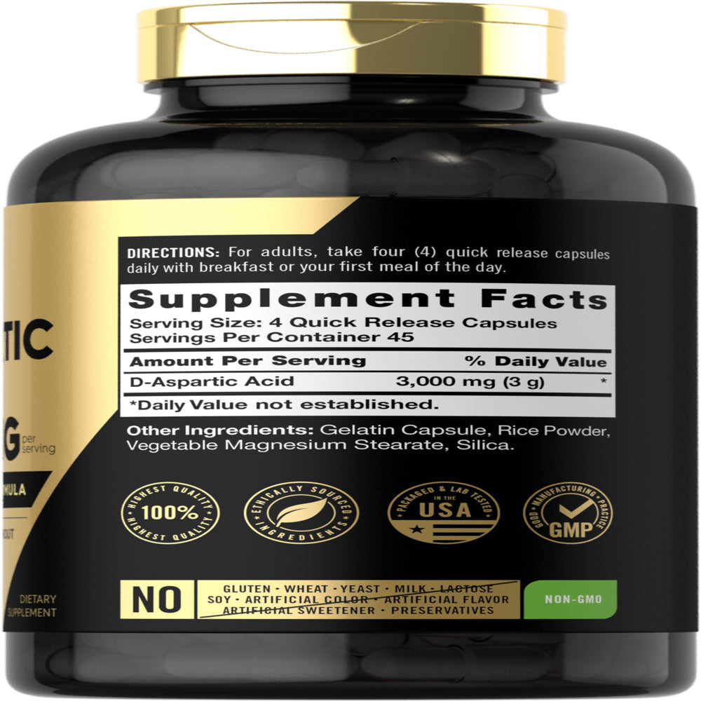 D Aspartic Acid 3000Mg | 180 Capsules | Advanced Athlete Formula | by Carlyle