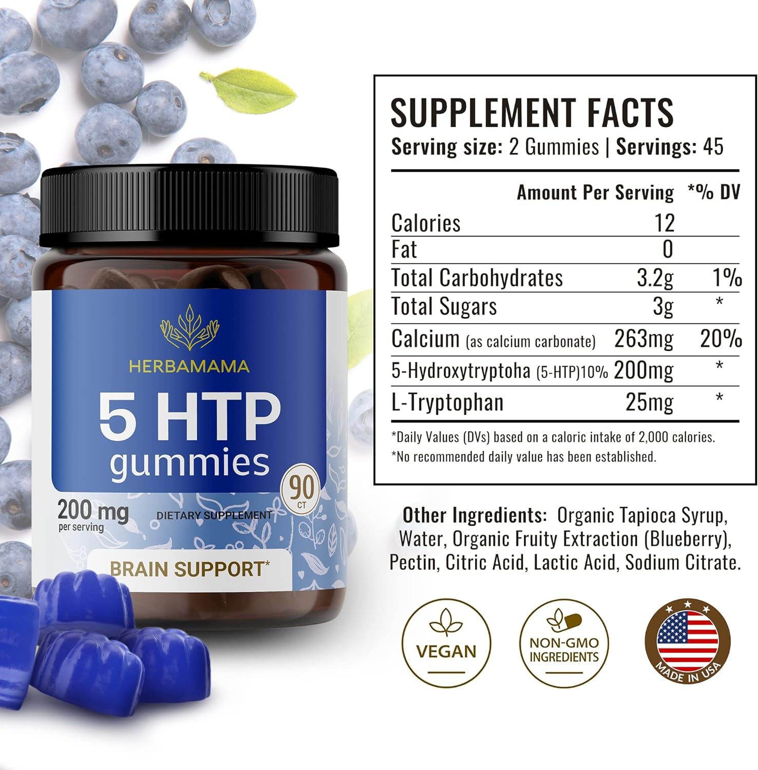 HERBAMAMA 5 HTP Gummies - Calm and Relaxation Support - Melatonin Mood Support and Serotonin Booster - Made with Calcium, 90 Vegan Blueberry Flavor Chews - 5-HTP 200Mg