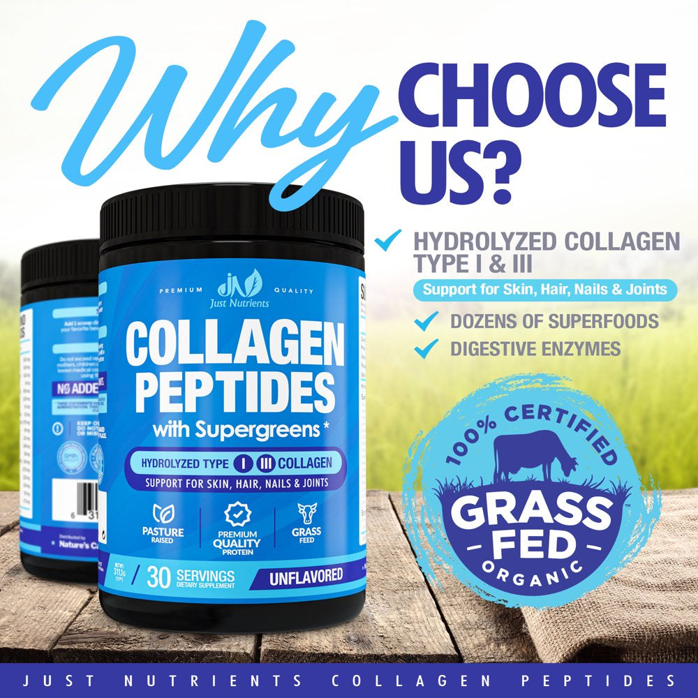 Collagen Peptides Powder with Super Greens - Superfoods, Digestive Enzymes, Grass-Fed, Non-Gmo, Unflavored - 30 Servings