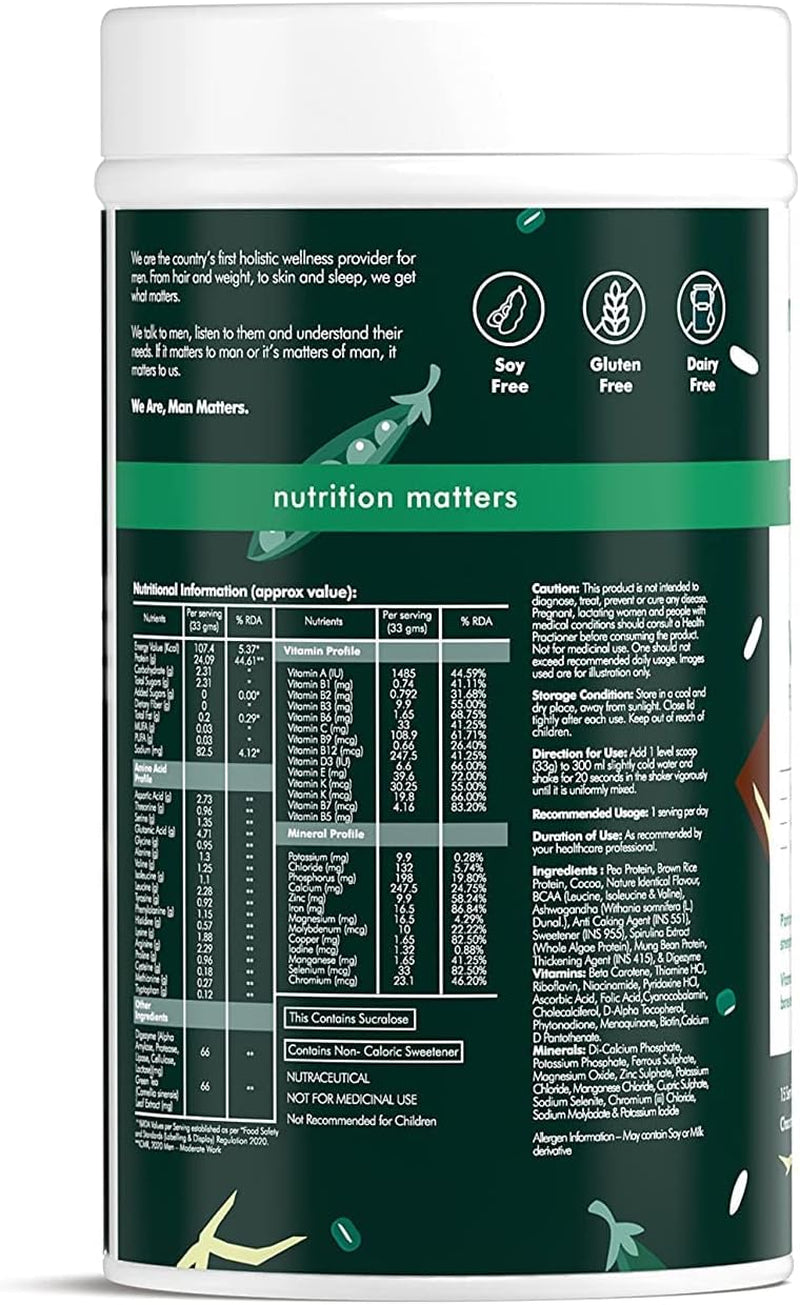 Man Matters VEGAIN Plant Protein Powder for Men | 100% Vegetarian | Made with Pea, Brown Rice, Moong Bean and Whole Algae | Gluten Free, Dairy Free & Soy Free | 500 Grams