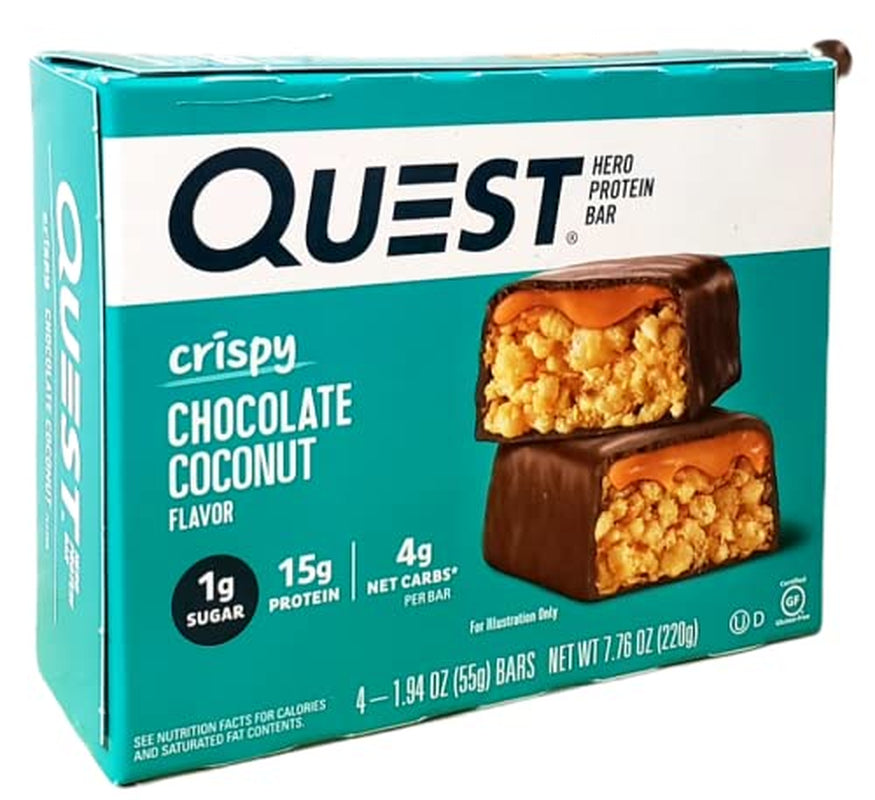 2 Set - Crispy Chocolate Coconut Flavor,1.94 Oz (55G) Each. NET WT 7.76 Oz (220G). Quest Hero Protein Bar 4 Count 2 Set 4 Count (Pack of 1)