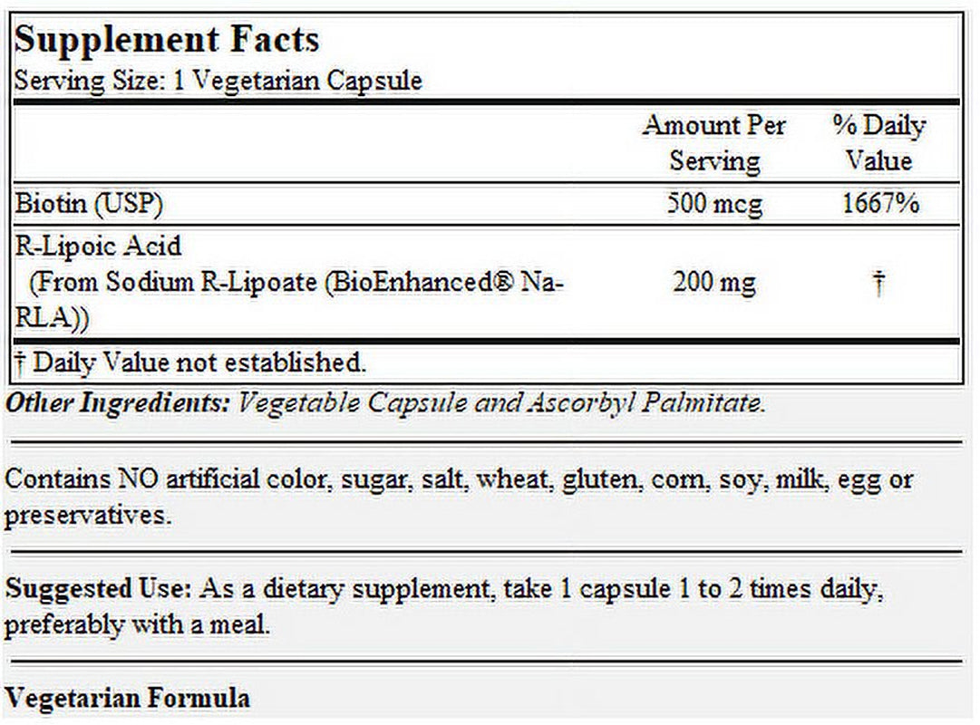 R-Lipoic Acid 200Mg Stabilized with Bio-Enhanced® Na-Rla with Biotin (60 Vegetarian Capsules)