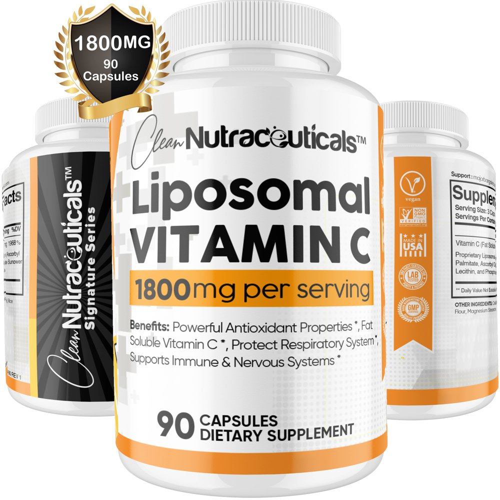 Liposomal Vitamin C Capsules 1800Mg High Absorption VIT C, Immune System & Collagen Booster, Fat Soluble Immunity Support Ascorbic Acid Supplement, 90 Natural Vegan Capsules