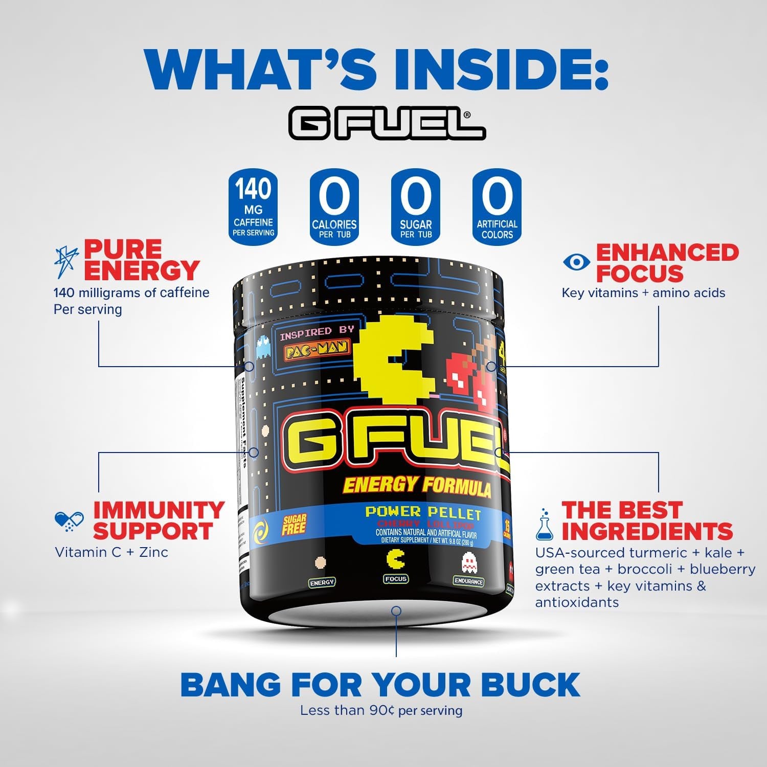 G Fuel Pac-Man Energy Powder, Sugar Free, Clean Caffeine Focus Supplement, Water Mix, Cherry Lollipop Flavor, Focus Amino, Vitamin + Antioxidants Blend, 9.8 Oz (40 Servings)